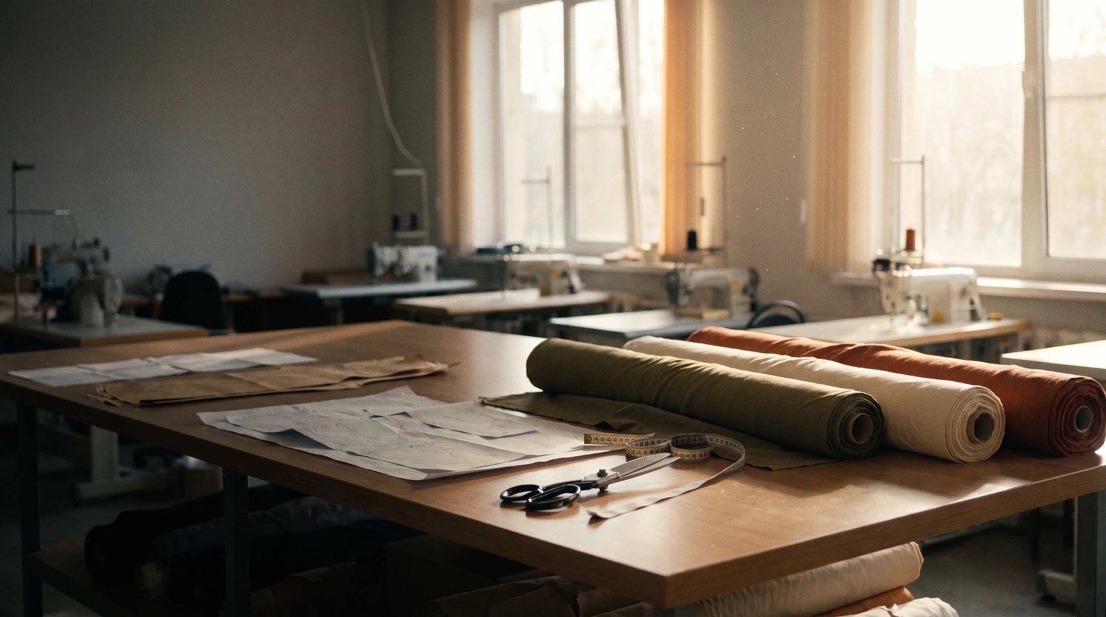 A sunlit garment workshop with fabric rolls, patterns, tape measure, and shears on a cutting table