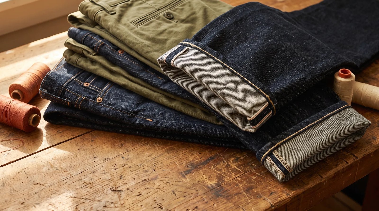 Folded selvedge denim and olive chinos with orange and cream thread spools on a wooden bench