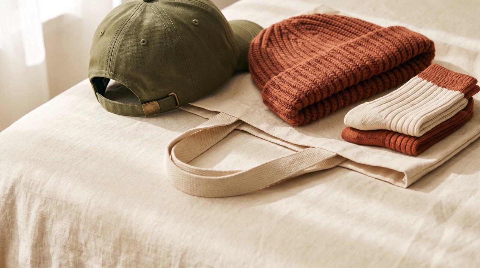 An olive cap, a rust ribbed beanie, folded ribbed socks, and a canvas tote on cream linen